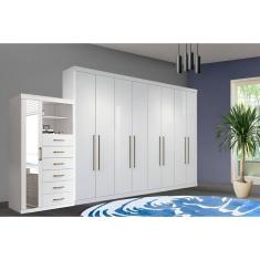 Guarda Roupa 2 Peças Casal QC131 8 Portas de Bater 4 Gavetas em MDP com Cabideiro Espelho Branco Fosco