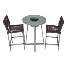 Conjunto Bistrô Champanheira Cinza Tampo Ripado E 2 Banquetas França Corda Náutica Marrom Marrom