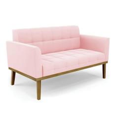 Sofá Namoradeira 2 Lugares Base De Madeira Castanho Elisa Suede D03 - Drossi Cor Rosa Bebê