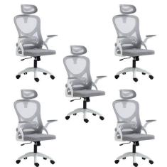 Kit 5 Cadeiras para Escritório Presidente Office Columbus com Tela Mesh Branco/Cinza