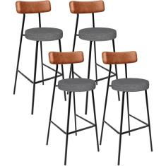 Kit 04 Banquetas Alta Bar Cozinha Sala Jantar Milão L02 Couríssimo Camel Cinza Escuro
