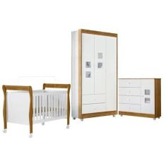 Quarto de Bebê com Berço Mini Cama, Cômoda 1 Porta 4 Gavetas e Guarda 