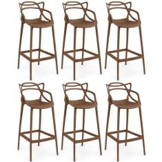 Kit 6 Banquetas Allegra com Encosto Design Cozinha/Bancada - Marrom - 