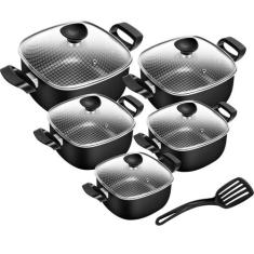 Conjunto de Panelas Quadradas Antiaderente Com Tampa De Vidro 5 Peças 