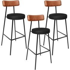 Kit 03 Banquetas Alta Bar Cozinha Sala De Jantar Milão L02 Couríssimo Camel Preto