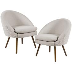 Kit 02 Poltronas Decorativas Fixa Pés Palito Rafa D02 Tressê Linho Bege C-107 - Lyam Decor