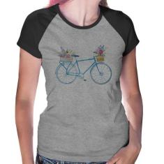 Baby Look Raglan Bicicleta e Flores - Foca na Moda, Cinza, Preto, G