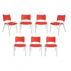 Kit 7 Cadeiras Iso Para Escola Escritório Comércio Vermelha Base Branca