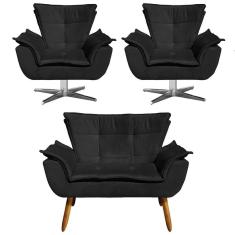 Kit Namoradeira E 2 Poltronas Giratórias Cromada Opla Suede Preto - Ibiza