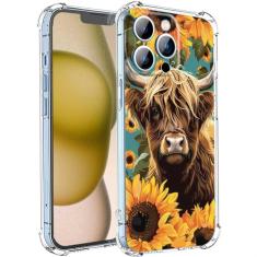 QHFTREX Capa de telefone compatível com iPhone 15 Plus, vaca Highland com girassóis, capa de telefone ocidental, design para iPhone capa masculina e feminina, capa legal de silicone macio para iPhone