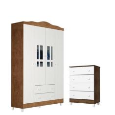 Cômoda Gaveteiro e Guarda Roupa Ariel 4 Portas Branco Acetinado Amadei