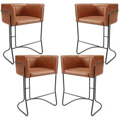 Kit 4 Banquetas Baixa Betina D02 Moderno Estrutura Aço Assento Courino Camel Preto Lyam Decor