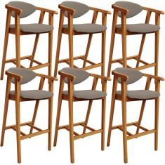 Kit 06 Banquetas Alta Cecília L02 Assento Poliéster Base Fixa com Encosto Altura 102 cm Bege para Cozinha