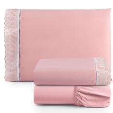 Jogo de Lençol Solteiro 3 Peças Basic Percal 180 Fios Lese Bordado Inglês - Rosê - 100% Algodão