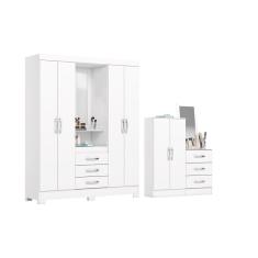 Guarda Roupa 2 Peças Solteiro e Closet QC104 6 Portas de Bater 6 Gavetas em MDF com Espelho Branco