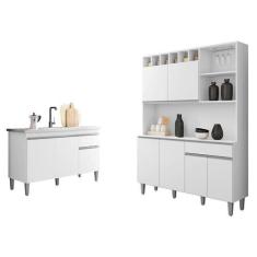 Balcão de Pia Tatiane 120 cm e Armário Cozinha Kit Alice Branco Brilho