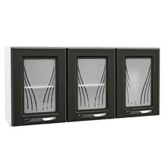 Armário Aéreo p/ Cozinha Star New c/ 3 Portas c/Vidro Branco/Preto - T