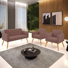 Sofá Namoradeira Com 2 Poltronas Pés Palito Castanho Marisa Veludo D03 - D\'rossi Cor Rose
