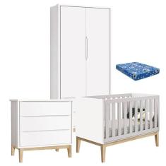 Quarto De Bebê Classic 2 Portas Com Colchão E Cômoda Gaveteiro Branco Pés Madeira Natural - Reller