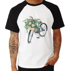 Camiseta Raglan Bicicleta Cesto de Flores - Foca na Moda, Branco, Pret