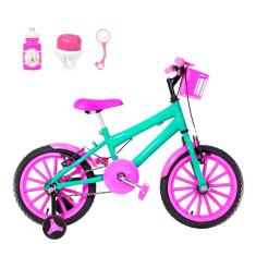 Bicicleta Infantil Feminina Aro 16 Nylon + Kit Passeio Verde Água E Pink