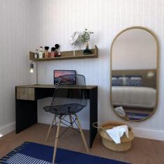 Escrivaninha 2 Gavetas Com Prateleira Suspensa Helen Bramov Preto Carvalho Mel