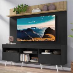 Rack com Painel e Suporte TV 65" Madri Multimóveis Preto/Rustic com Prateleira e Pés Retrô Branco