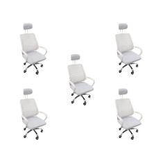 Kit 5 Cadeiras Escritório Diretor Mesh Encosto Cabeça Branco