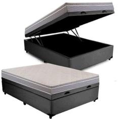 Cama Box Baú Casal Colchão Espuma D45 Bordado + Box Suede Cinza 61x138x188