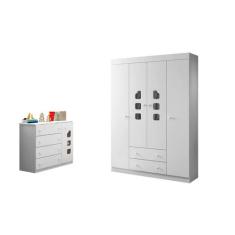 Kit Quarto Infantil Bebê Livia Cômoda 4 Gavetas E Guarda Roupa 4 Porta