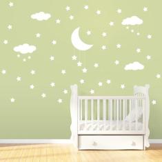 Adesivo de Parede Infantil Nuvens Lua e Estrelas Branco - Quartinhos