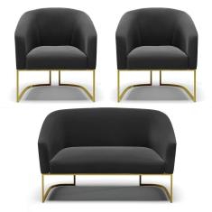 Namoradeira E 2 Poltronas Base Industrial Dourado Stella Suede Preto D03 - D'rossi