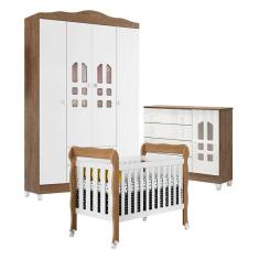 Quarto de Bebê New Selena 4 Portas com Berço Lila e Cômoda Selena Branco Acetinado Amadeirado - Carolina Móveis