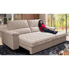 Sofá Retrátil e Reclinável 2,95m Molas Ensacadas Cama Inbox Big Home Bordado 3d Linho Bege Claro