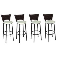 Kit 4 Banquetas Médias Preta com Encosto Junco Argila Assento Branco