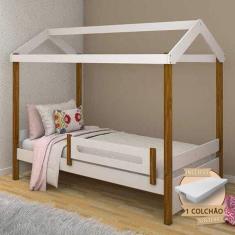 Cama Solteiro Montessoriana Casinha Eliz Com Colchão E Grade De Proteção - Branco/Castanho Claro