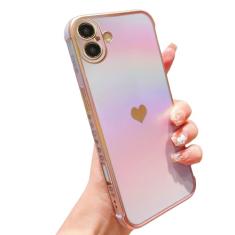 phylla Capa de telefone para iPhone 16 de 6,1 polegadas 5 g luxuosa banhada com coração fofo iridescente arco-íris capa protetora a laser proteção da câmera silicone macio à prova de choque lateral
