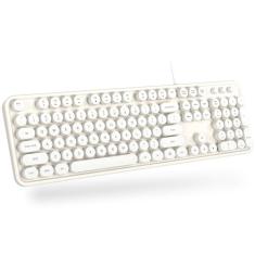 MOWUX Teclado de computador com fio, teclado de máquina de escrever redondo retrô Plug Play, teclado com fio de tamanho completo com suportes dobráveis para laptop e PC de escritório