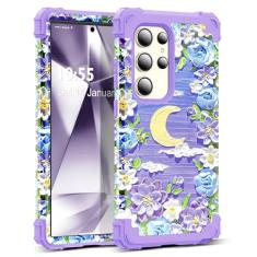 SleekCover Capa para Galaxy S24 Ultra, 3 em 1, pintura a óleo, padrão floral, resistente, proteção à prova de choque, amortecedor de borracha de silicone macio + capa protetora de plástico rígido para