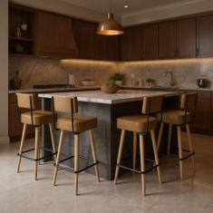 Banqueta Alta Cozinha 70cm Encosto Pé Madeira Kit 4 Barcelona PU Caram