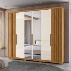 Guarda Roupa Roupeiro 06 Portas 04 Gavetas c/Espelho Araguaia Freijó Ripado Off White Flex Moval