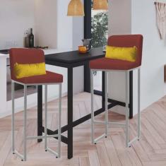 Kit 02 Banqueta Alta com Encosto Lucca Industrial Cozinha Balcão Ferro Cinza Sintético Vermelho e Almofada Amarelo - Ahazzo Móveis