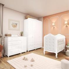 Quarto de Bebê com Guarda-roupa Cômoda e Berço com Capitonê 100% Mdf M