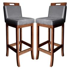 Kit 2 Banquetas Média para Cozinha Milão Madeira Castanho Suede Cinza 