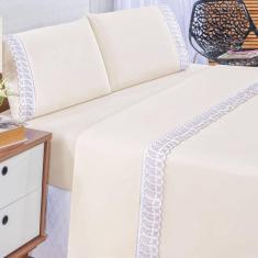 Jogo De Lençol Casal 4 Peças Basic Percal 180 Fios Lese Bordado Inglês - Palha