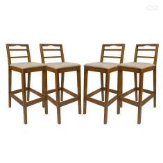 Kit 4 Banquetas para Balcão Estofada Alta Grécia de Madeira Amêndoa Linho Bege CCS