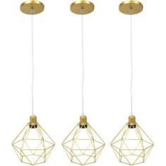 3 Pendentes Aramado Diamante Luminária Lustre Cabo Cristal 1,5 Mt Indu