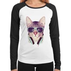 Baby Look Raglan Gato Headphone Manga Longa - Foca na Moda, Branco, Pr