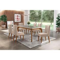 Sala De Jantar Liz 180 Tampo MDF Com Vidro Canto Reto 6 Cadeiras Safir