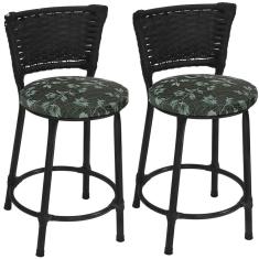 Kit 2 Banquetas Baixas Preta com Encosto Junco Preto Assento Estampado